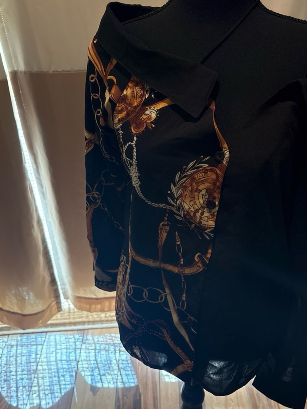 SHEIN Black Button-Down Shirt with Gold Chain Medallion Print